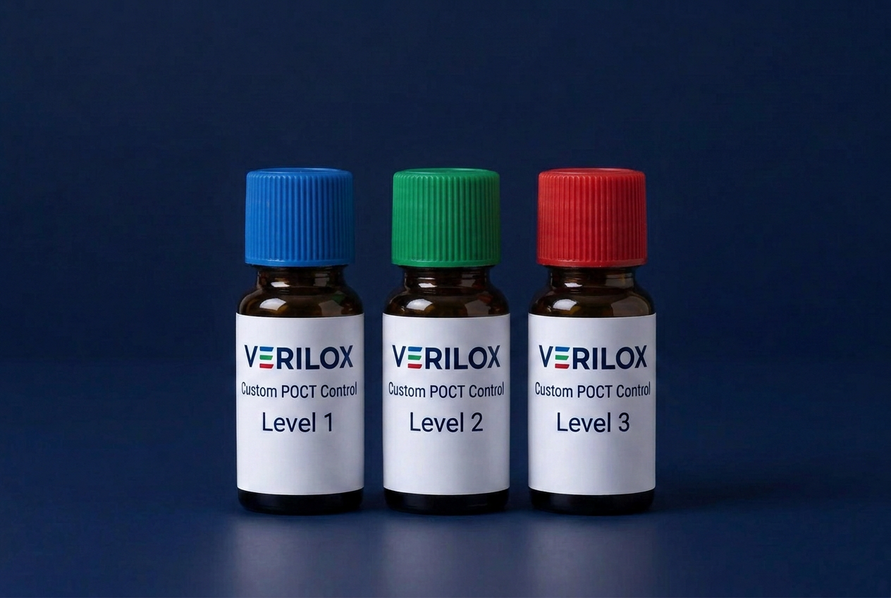 Three small amber glass Verilox Custom POCT Control bottles with blue, green and red screw caps