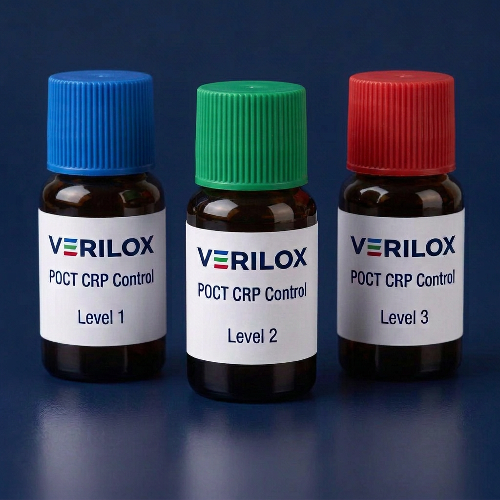 Three amber glass Verilox POCT CRP Control bottles with blue, green and red screw caps, labelled Levels 1, 2 and 3