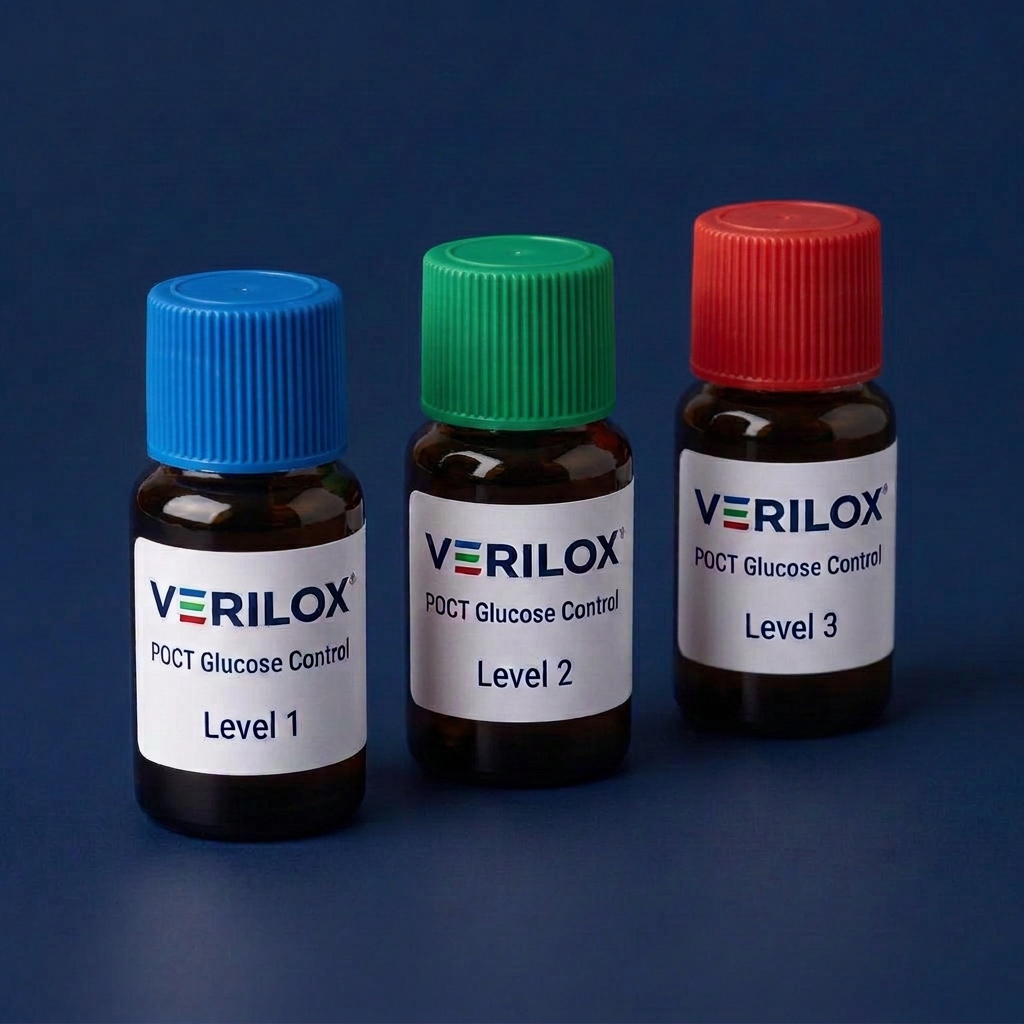 Three amber glass Verilox POCT Glucose Control bottles with blue, green and red screw caps, labelled Levels 1, 2 and 3