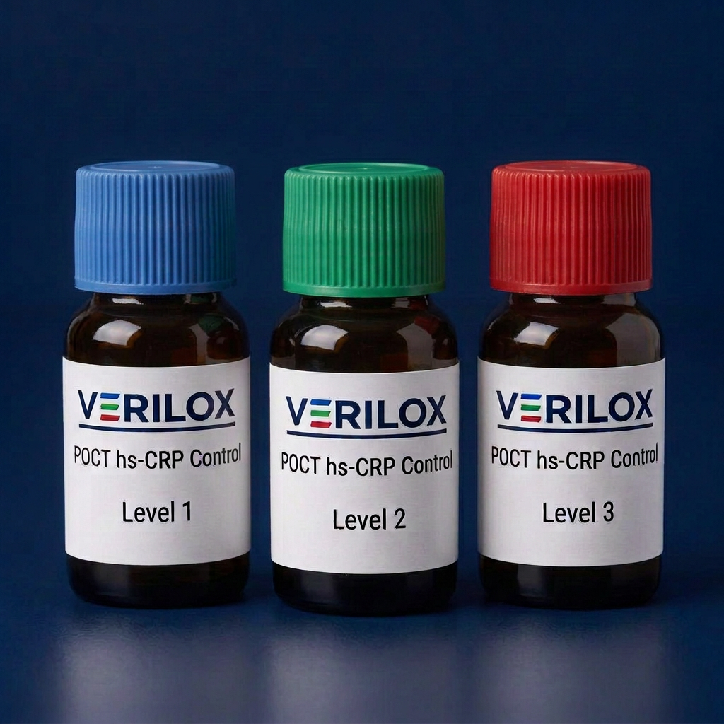 Three amber glass Verilox POCT hs-CRP Control bottles with blue, green and red screw caps, labelled Levels 1, 2 and 3
