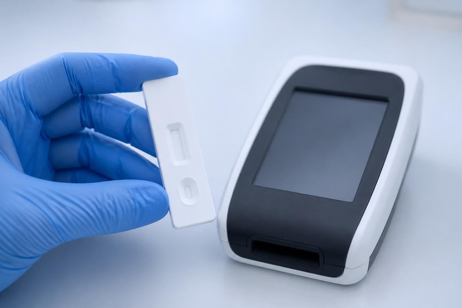 Gloved hand holding a blank test cassette beside a handheld reader